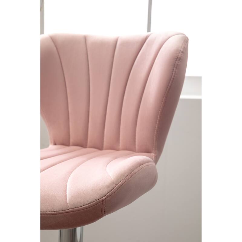 Set of 2 Adjustable Swivel Barstools with Upholstered Bucket Seats and Chrome Footrest.