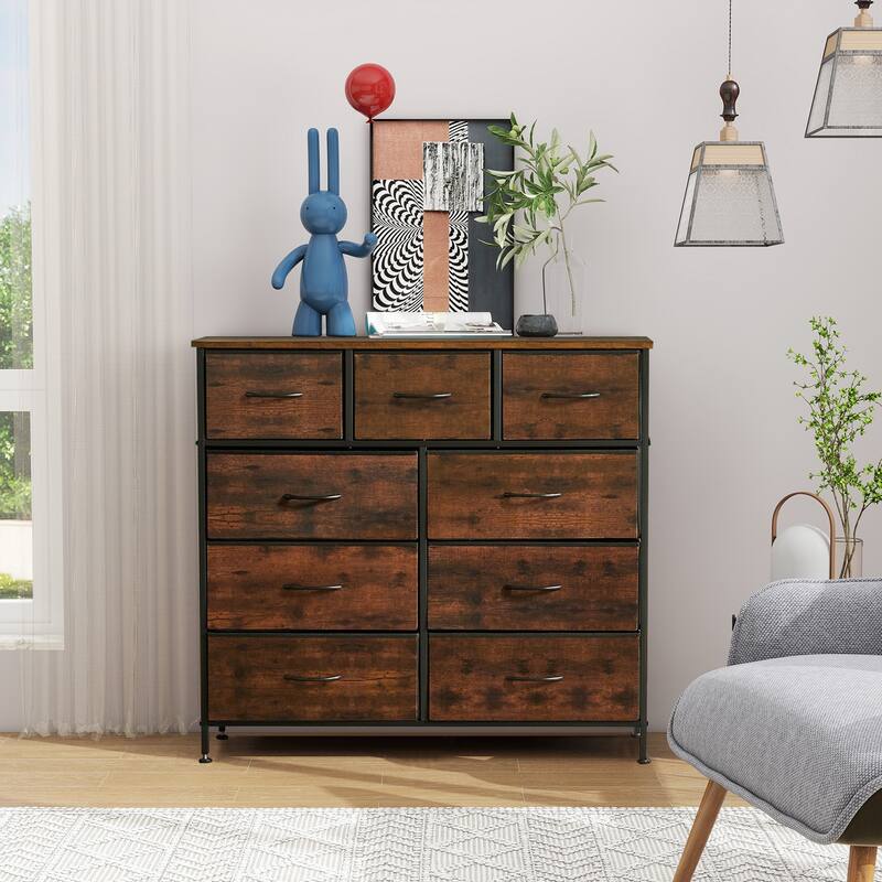 9-Drawer 11.8 in. Wide Chest of Drawers Fabric Storage Tower with Steel Frame, Wooden Top