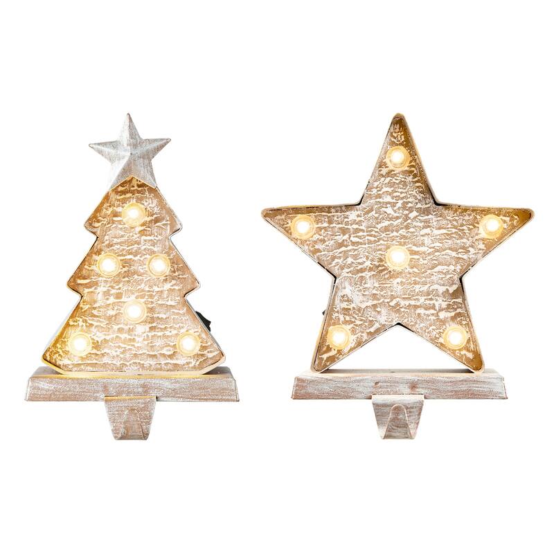 Glitzhome 7.5" H Christmas Silver LED Gift Box Heavy Duty Stocking Holders Mantel Ornament