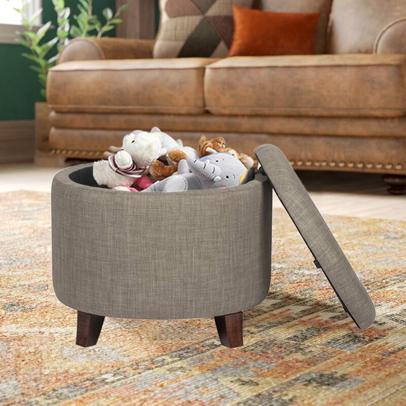 Adeco Round Linen Storage Ottoman Tufted Fabric Footstool with Lid
