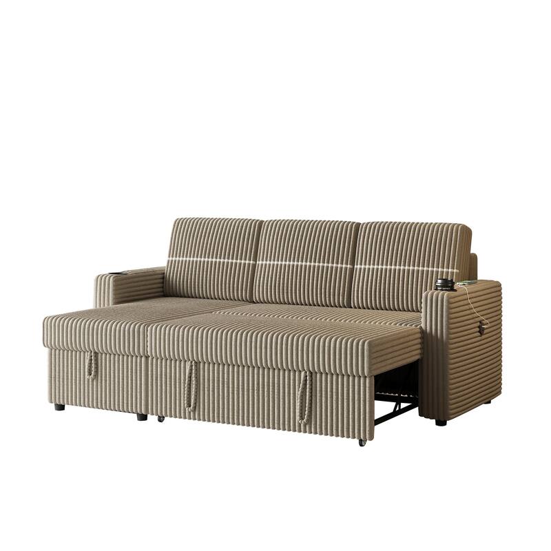 Pull-Out Sofa Bed with Storage Chaise, USB Port, and Cup Holders - 3-Seater Sleeper Couch