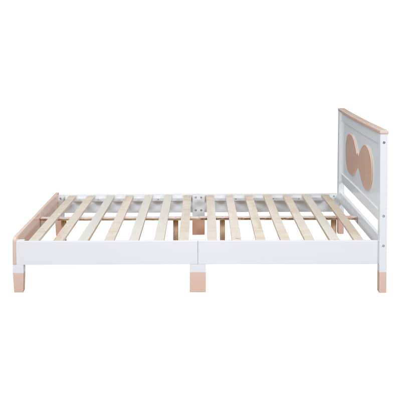 Queen Size Wood Platform Bed with Bow-shaped Pattern Headboard for Kids for Bedroom