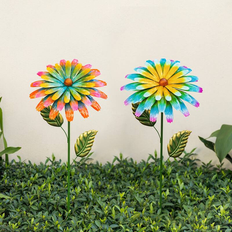 Glitzhome 41"H Garden Metal Flower Yardstake - Set of 2