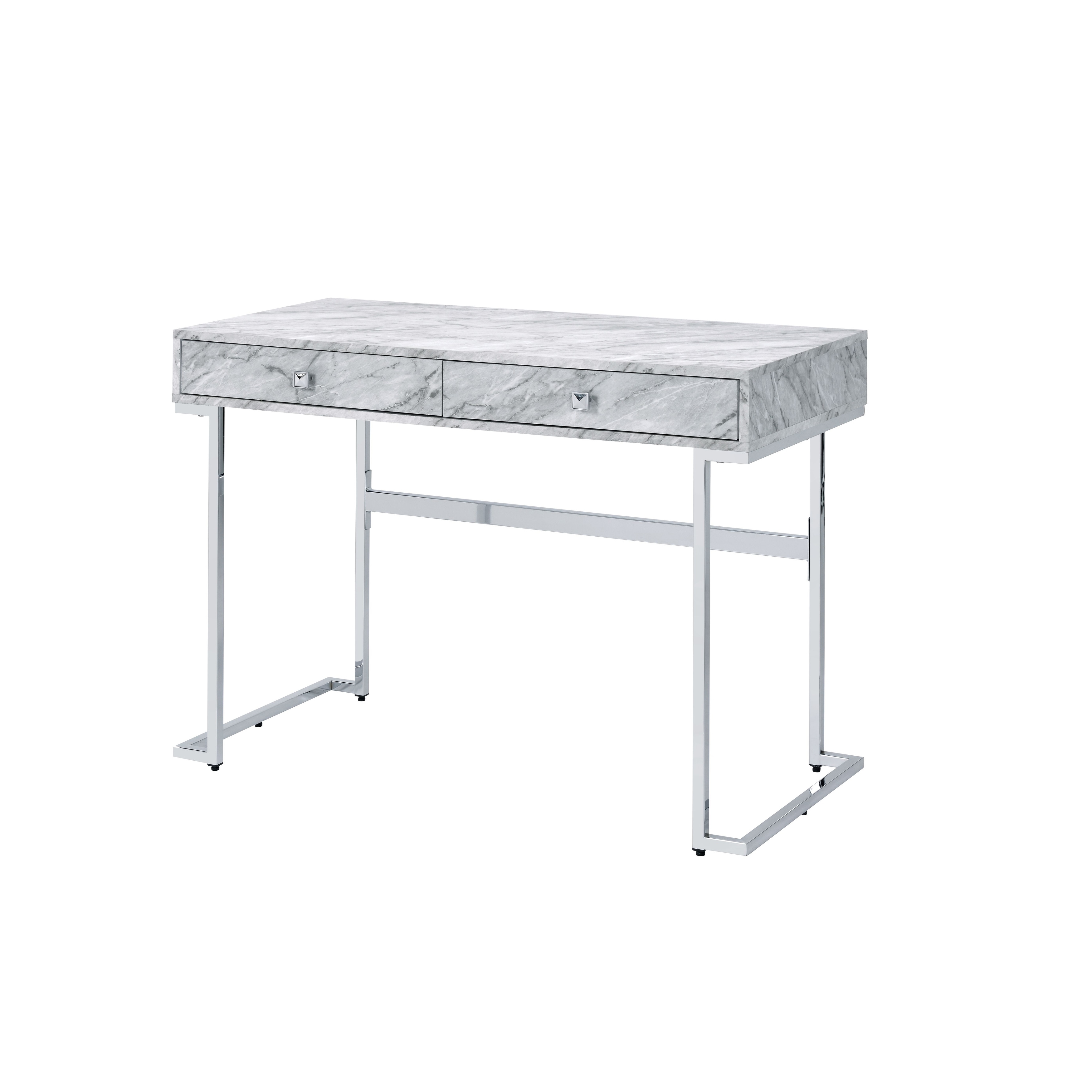 Sleek White Faux Marble Writing Desk with Chrome Finish and Storage Drawers for Office or Study Space