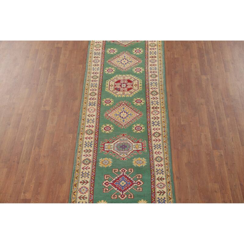 Green Geometric Kazak Runner Rug Handmade Wool Carpet - 2'8" x 16'2"