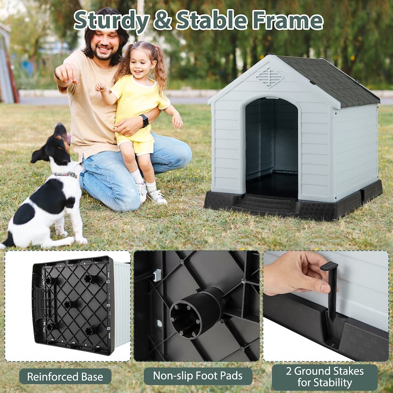 Grey-White PP Weatherproof Dog House with Ventilation and Raised Floor