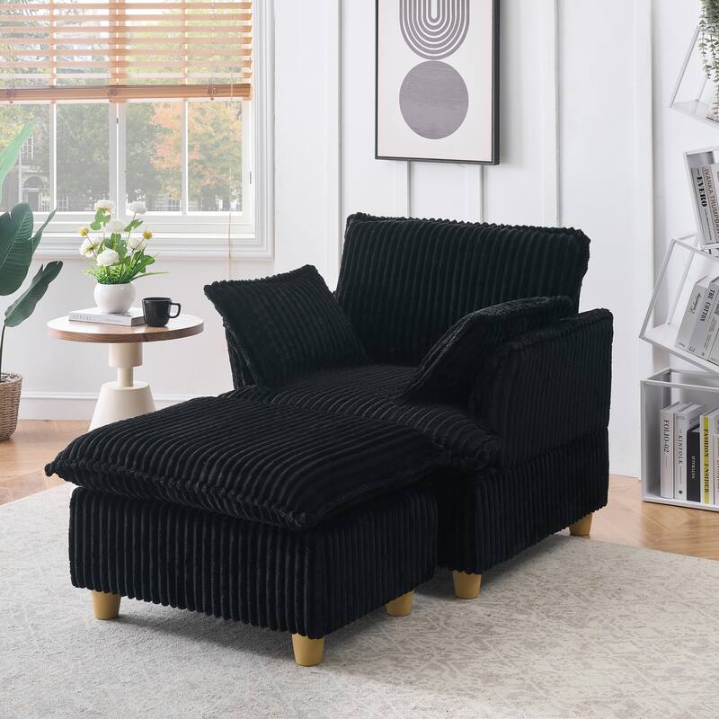 Single Sofa with Ottoman, Comfy Corduroy Upholstered Armchair, Lounge Chair with Throw Pillows for Living Room, Balcony