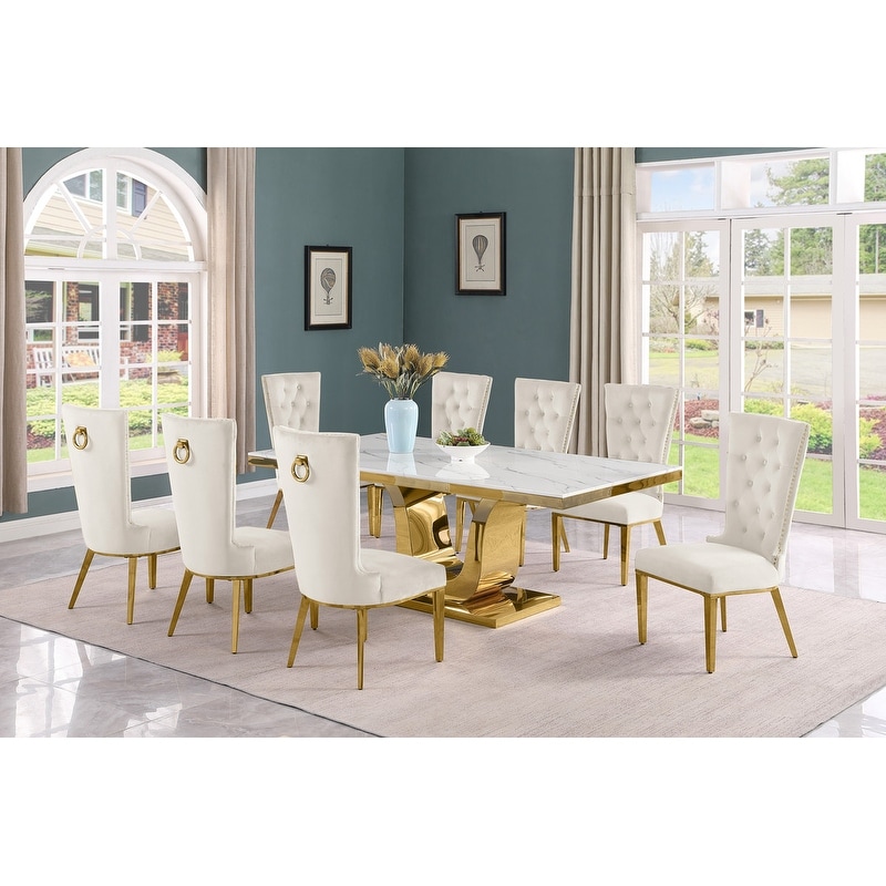 Best Quality Furniture D321-SC334-7 Dining Set with 78" White Marble Top