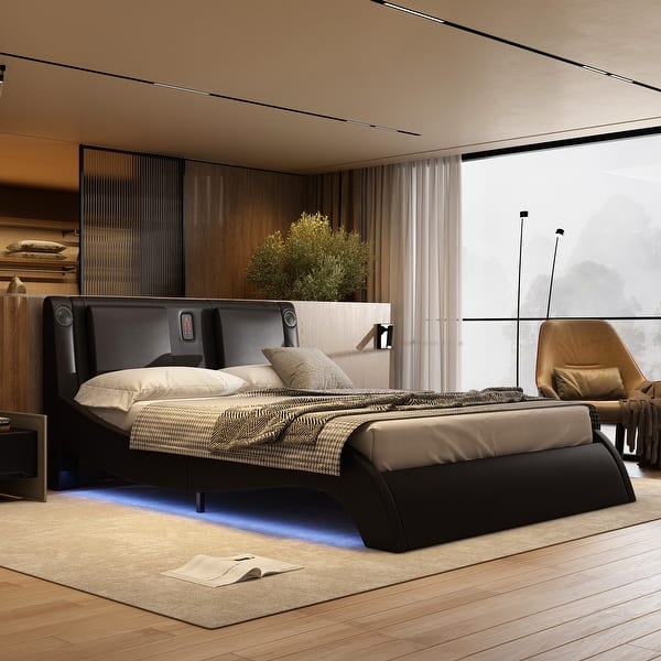 Modern Black Leather Bed with Massage and Sound System USB Port On