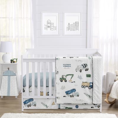 Construction Truck Collection Boy 4pc Nursery Crib Bedding Set - Grey Yellow Black Blue and Green Transportation Chevron Arrow