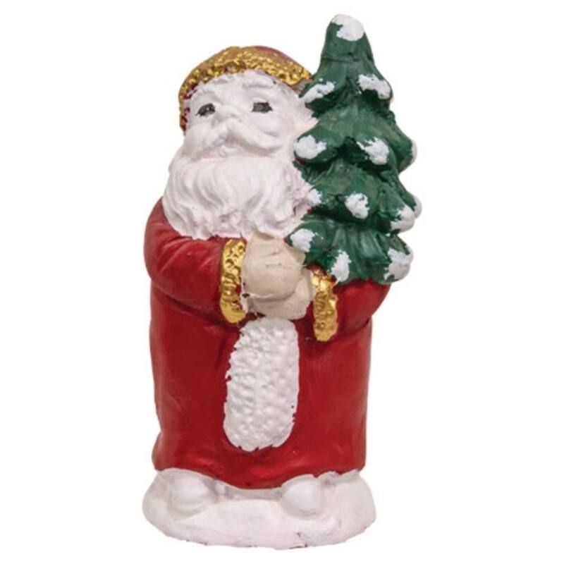 Vintage Style Cement Santa Claus Holding Christmas Tree - 2.50" x 2.25" x 5.50" - Red-White-Green
