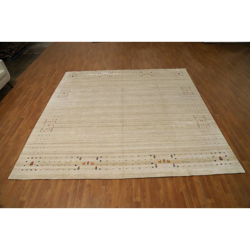 Hand Knotted Oriental Viscose Silk Carpet Tribal Animal Pictorial Beige & Ivories Gabbeh Area Rug - 9' 9'' X 10' 0''