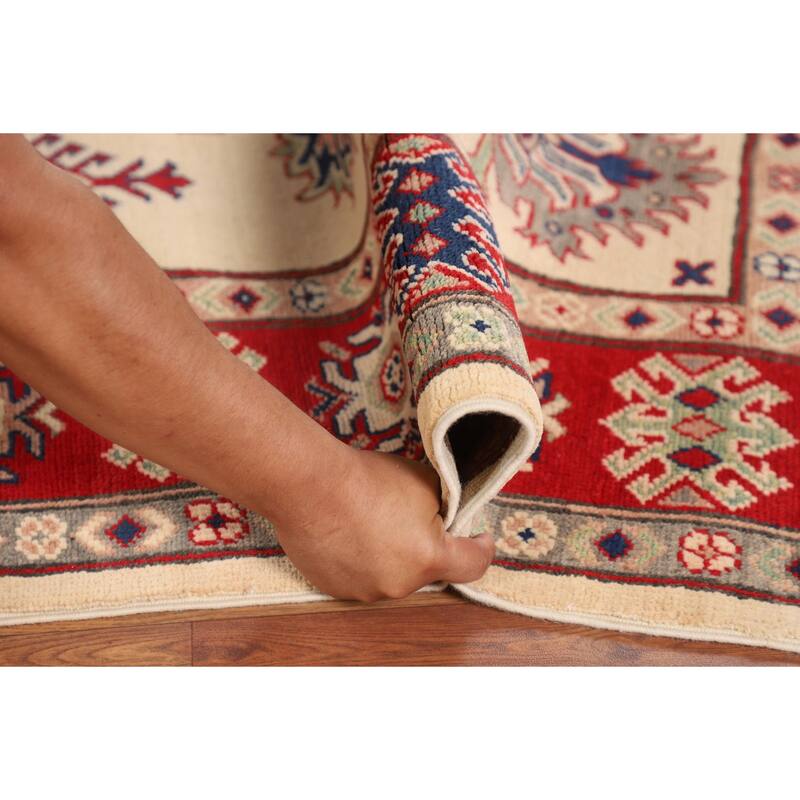 Geometric Kazak Area Rug Hand-Knotted Beige Wool Carpet - 5'2" x 6'6"