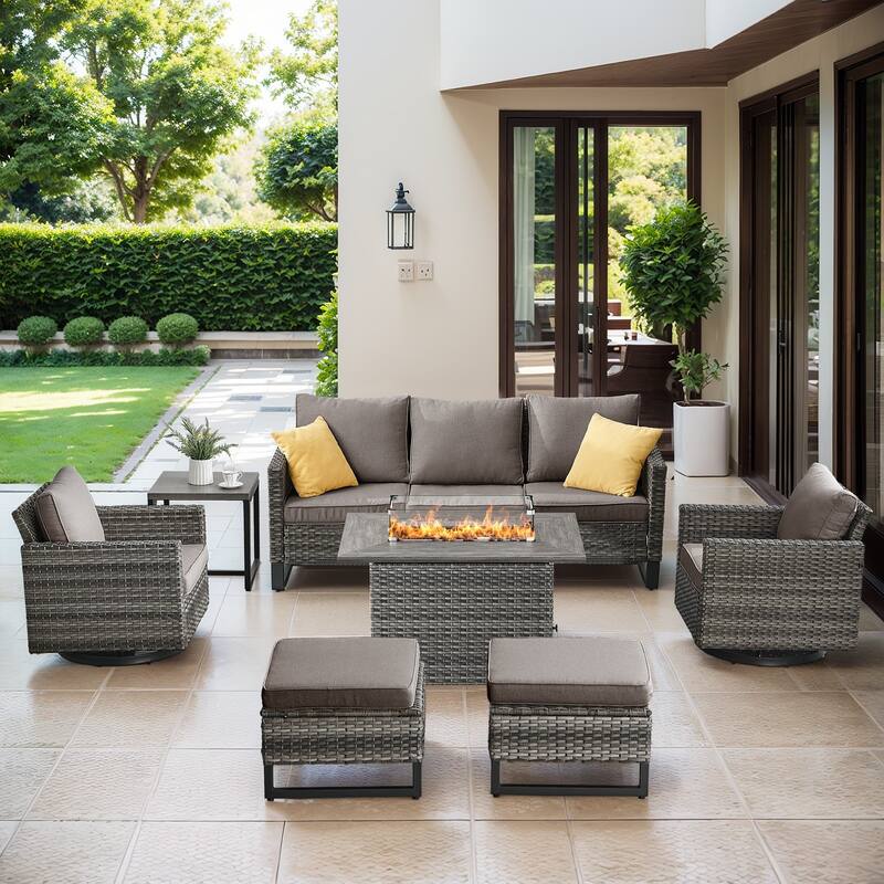 Outdoor Sofa Chairs Ottomans and Fire Table Grey-Grey - Grey - Grey - Grey