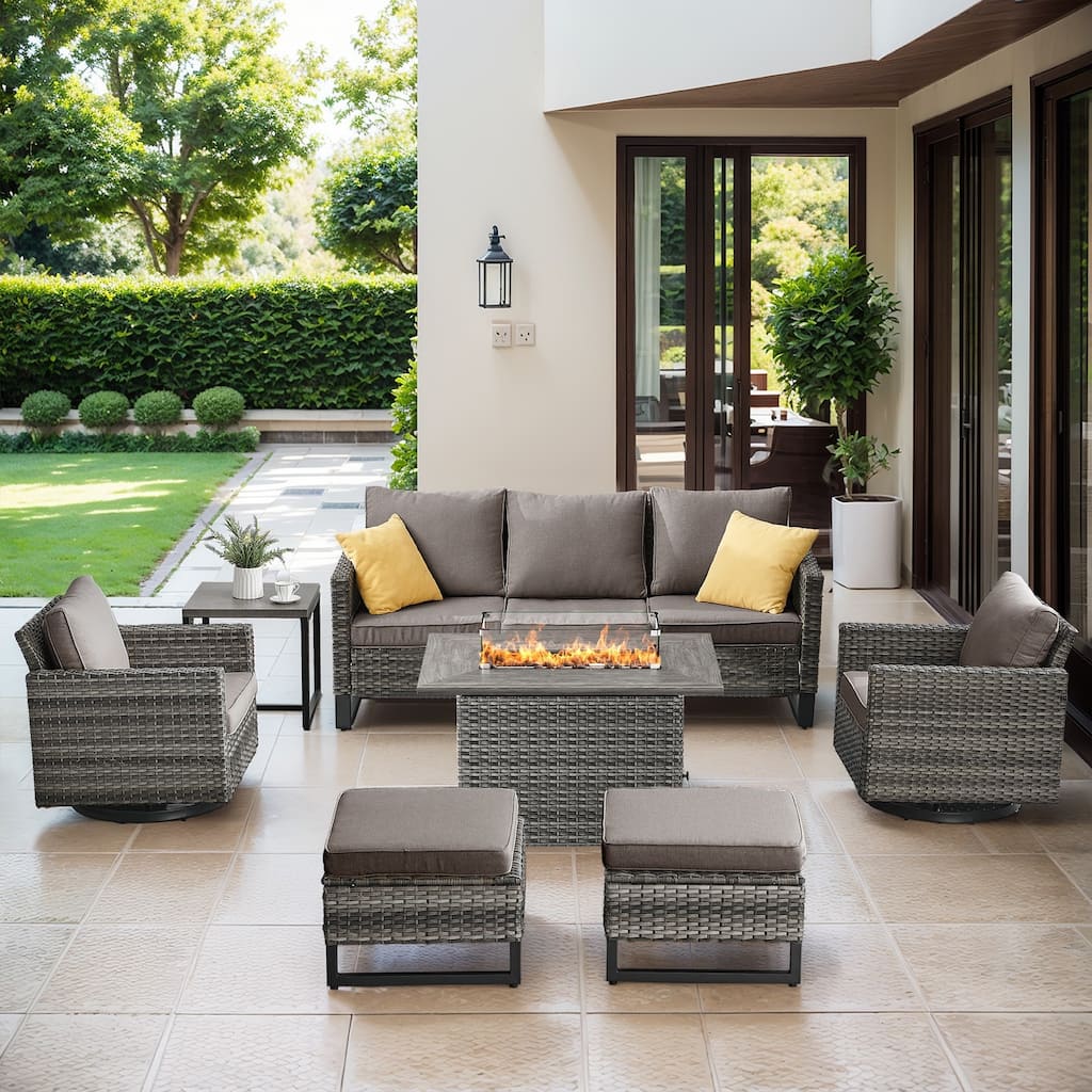 Outdoor Sofa Chairs Ottomans and Fire Table Grey-Grey - Grey