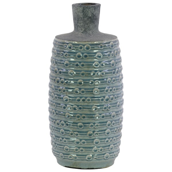 Ceramic Bottle Vase With Engraved Bubble Pattern, Large, Turquoise Blue