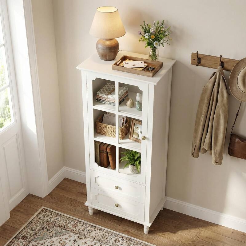 Homy Casa Minimalist Buffet Cabinet with Glass Doors & Drawer, Storage Sideboard, Kitchen Living & Dining Room Hallway Entryway