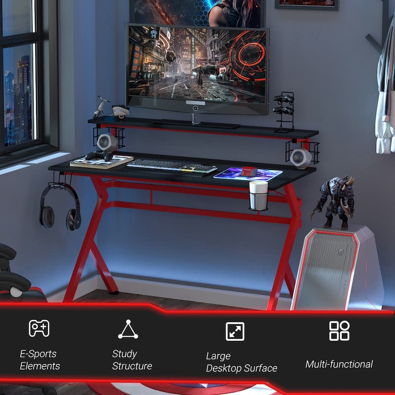 HOMCOM 47" Gaming Desk Computer Table for Home Office with Headphone Hook, Cup Holder, and Controller Rack, Red/Black