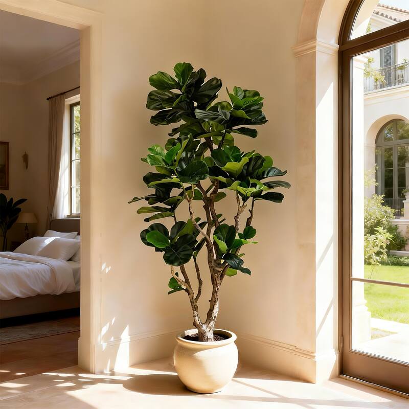 Artificial Fiddle Leaf Fig Tree - 2 Variants (4ft/5.75ft), Faux Green Plant in Black Plastic Pot, Indoor Low-Maintenance Decor