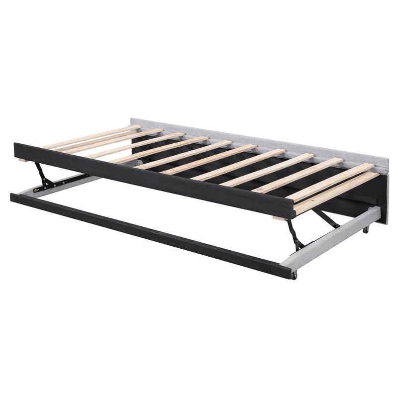 Twin Size Upholstered L-Shaped Upholstered Daybed with Pop Up Trundle, Gray