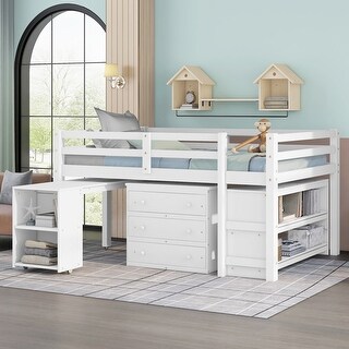 Multifunctional Low Study Full Loft Bed Wooden Kids Bed with Cabinet,Shelves and Rolling Portable Desk