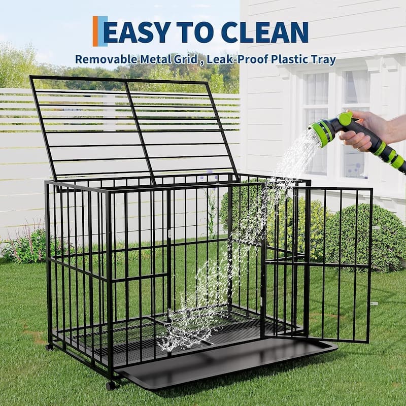 Heavy Duty Foldable Steel Dog Crate Chew-Resistant Kennel with Locking Wheels