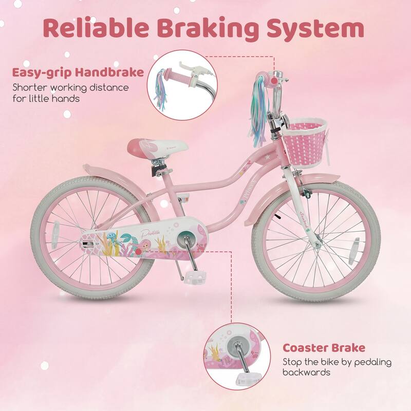 Gymax 20'' Girls Bike w/Removable Basket Streamers Hand Brake &