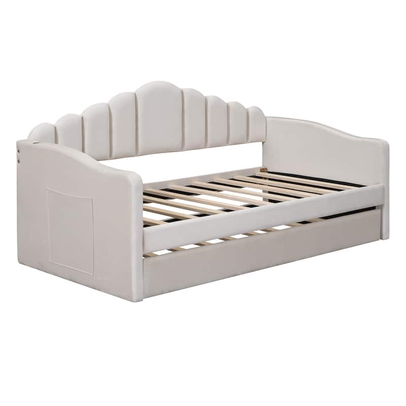 Modern Twin Velvet Daybed with Trundle, USB Ports, and Storage Pockets