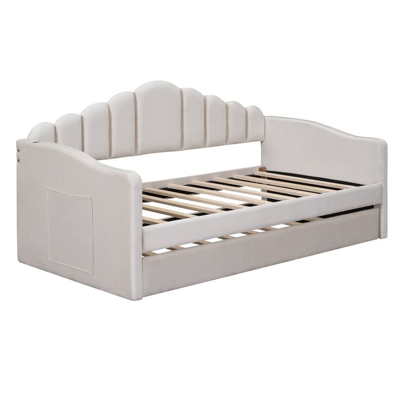 Twin size Upholstered Daybed with Trundle ,Velvet Sofabed with USB Charging Ports - Beige