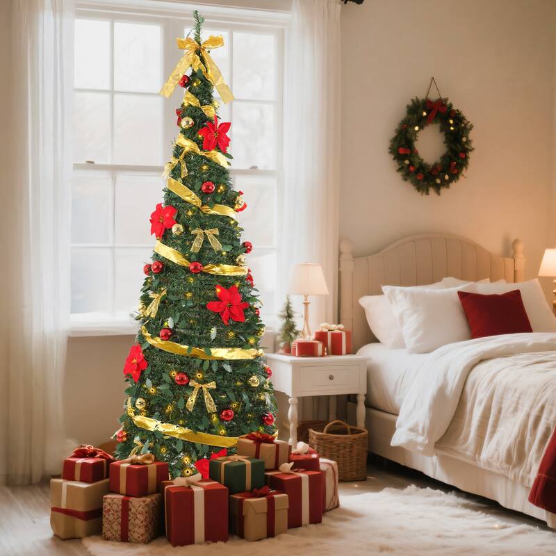 6FT & 7FT Pop Up Artificial Christmas Tree with Red and Gold Ornaments Warm Lights - N/A