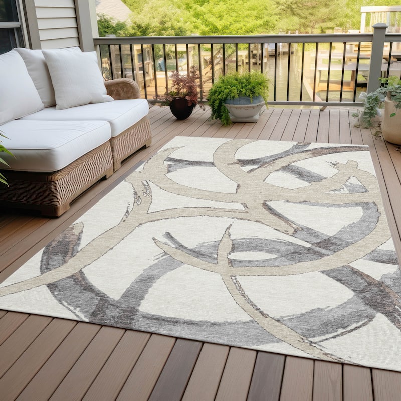 Machine Washable Indoor/ Outdoor Abstract Contemporary Chantille Rug - Ivory - 8' x 10'