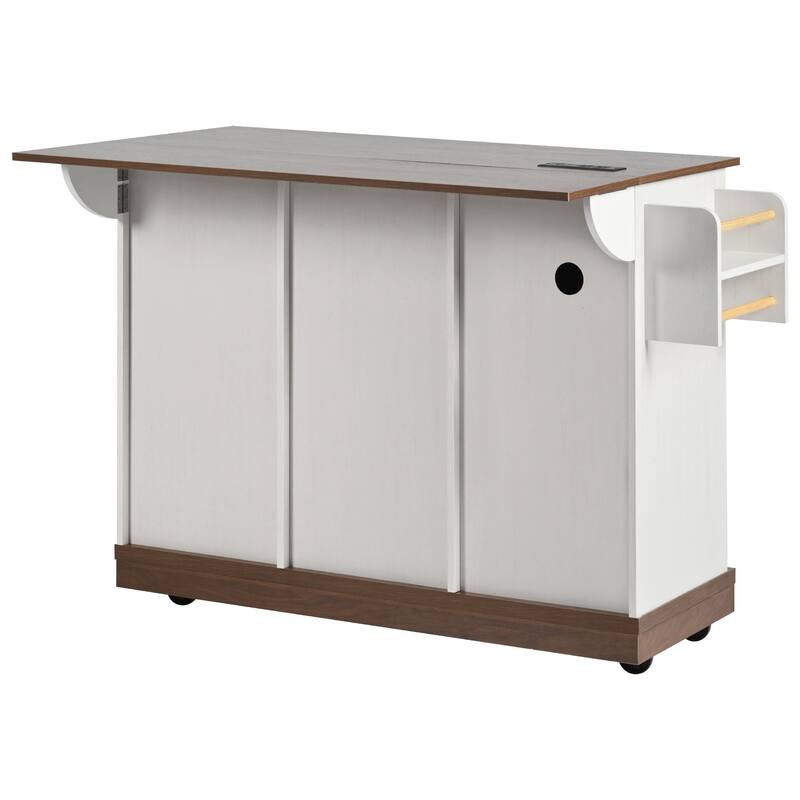 Anmytek Black Farmhouse Kitchen Island Cart with Drop Leaf and Outlets - Rolling Cart with Drawers and Spice Storage