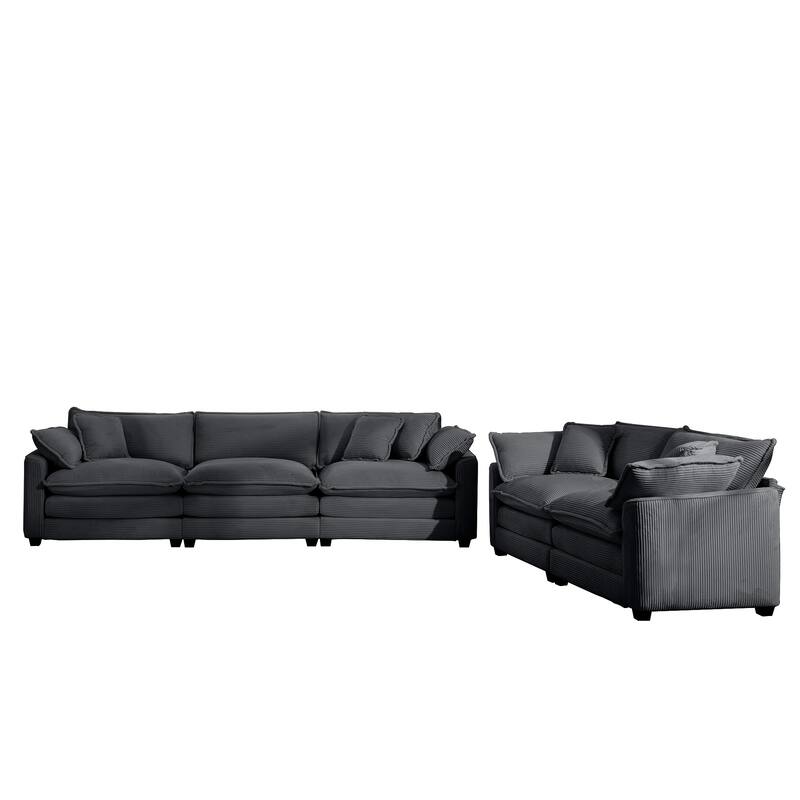 Corduroy Fabric Deep Seat Sofas Set with Throw Pillows, 3+2 Seater Flexible Combinations Sofa with Removable Armrests