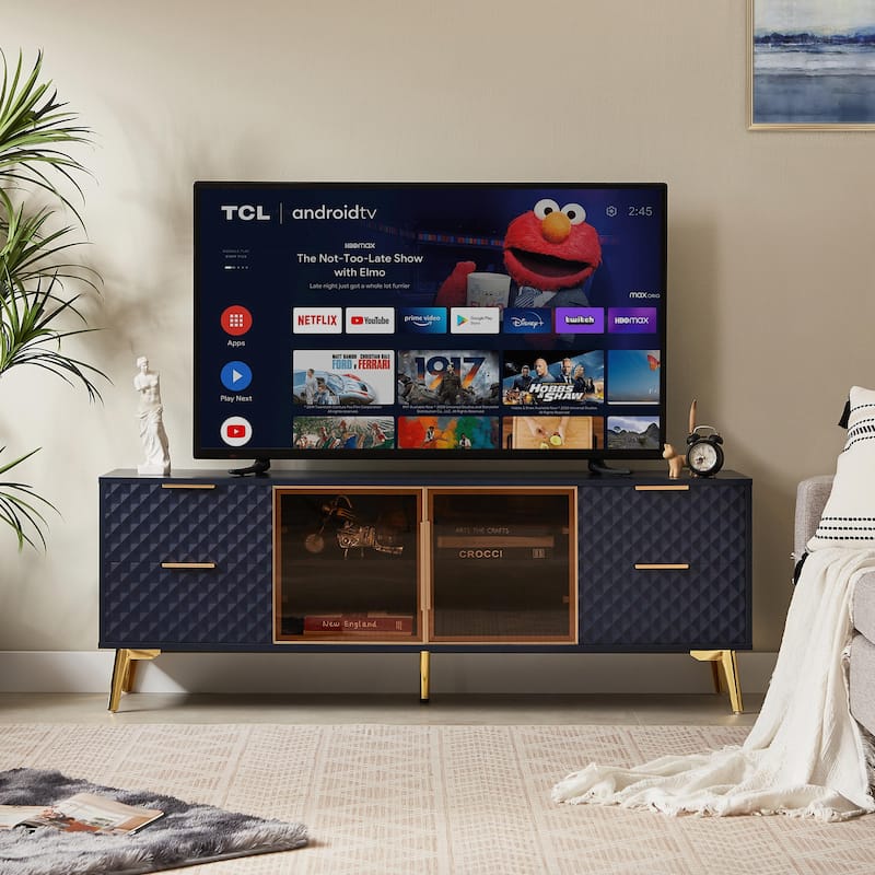 Modern TV Stand with Storage Drawers & Glass Doors - Navy Blue