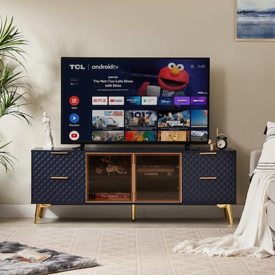 Modern TV Stand with Storage Drawers & Glass Doors