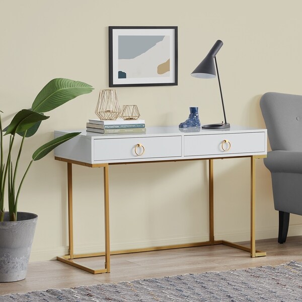 BELLEZE 2-Drawer Computer Desk Table, Wood & Metal, White & Gold. Opens flyout.