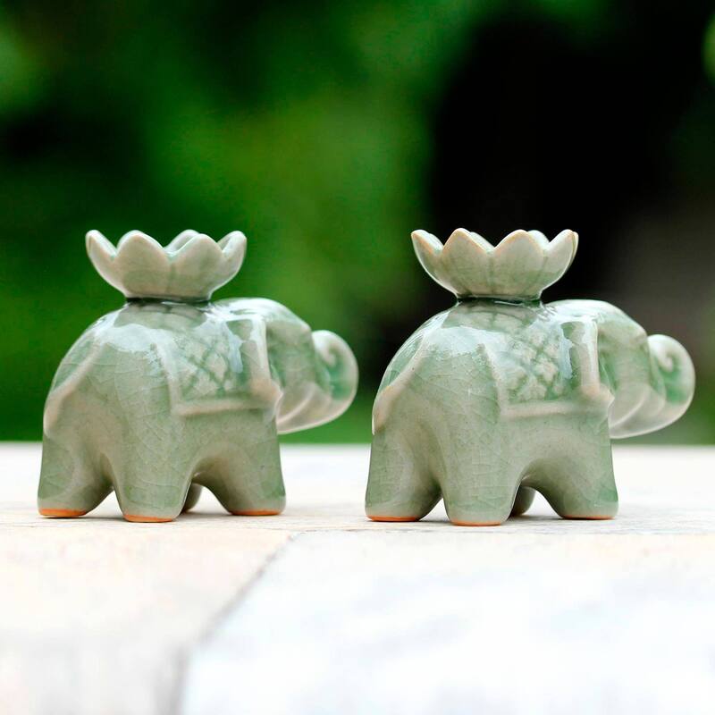 Novica Handmade Lotus Elephant Celadon Ceramic Incense Holders (Pair)
