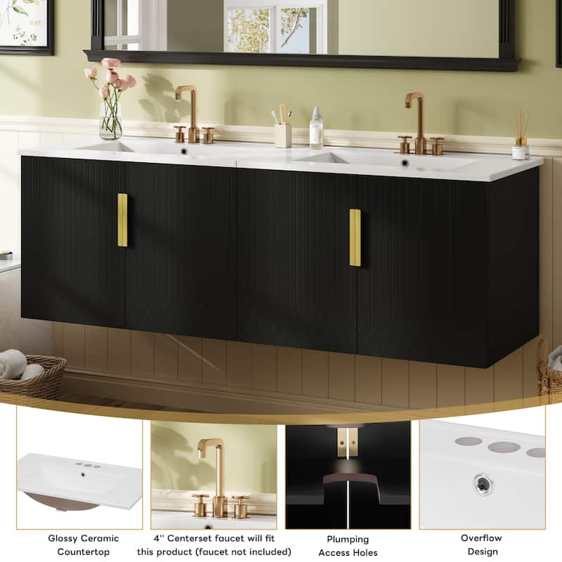 Roomfitters 60" Bathroom Vanity with Ceramic Sink, Wall Mounted Storage Cabinet with Soft Close Doors
