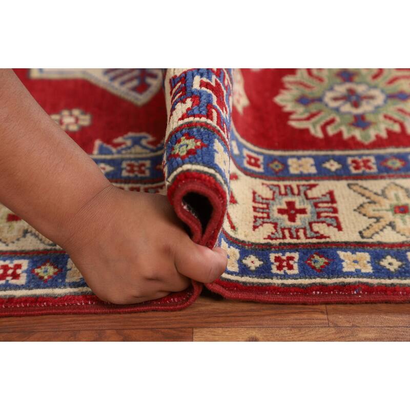 Red Geometric Kazak Oriental Foyer Rug Handmade Wool Carpet - 3'5" x 5'1"