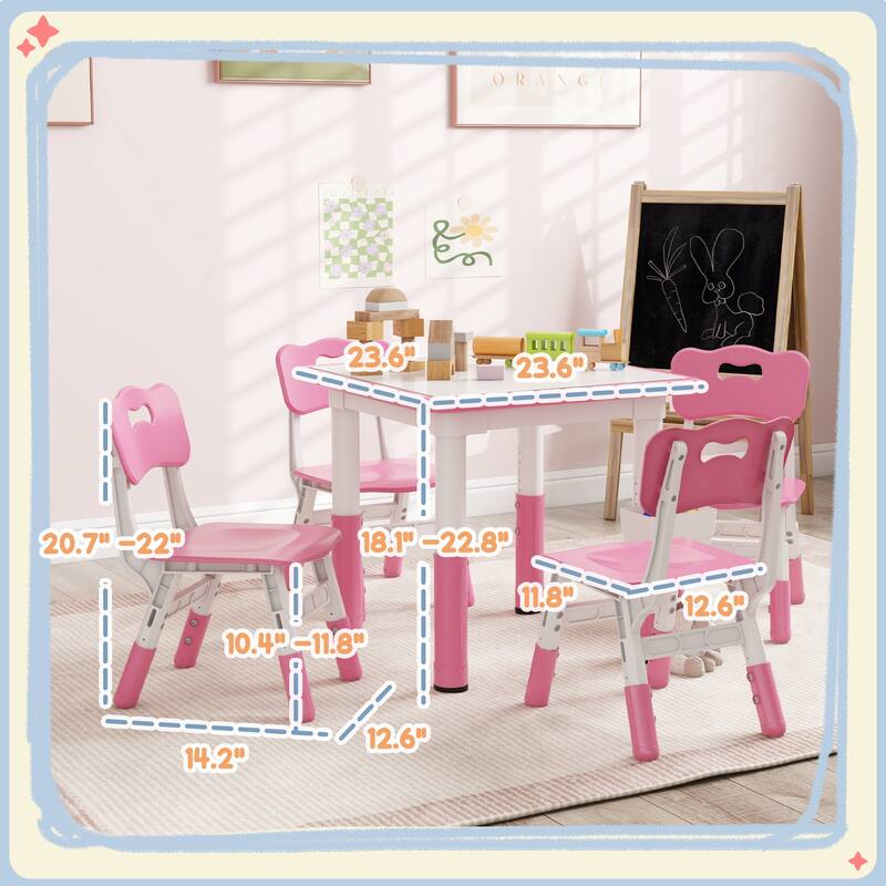 Kids Adjustable Table and 4 Chair Set with Storage Box Pink Activity Play Furniture for Toddlers and Preschoolers - Pink