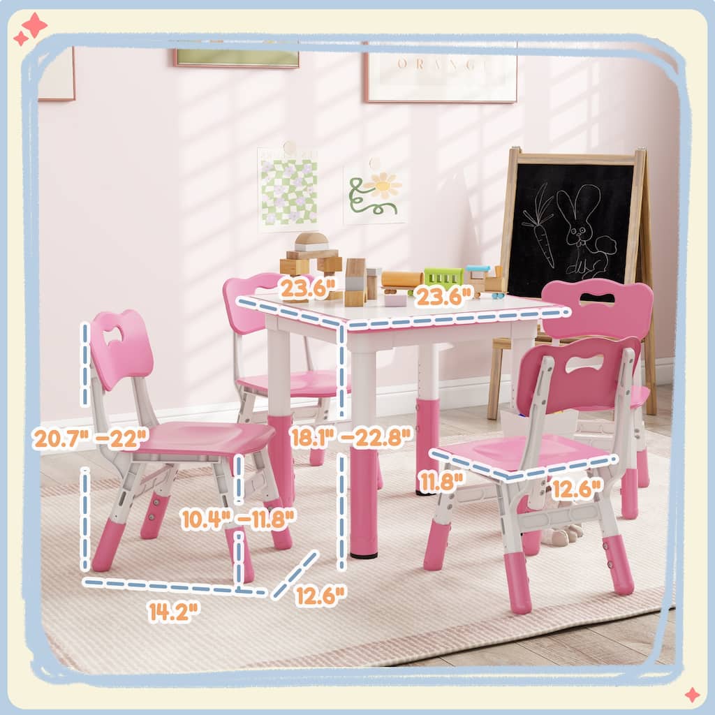 Kids Adjustable Table and 4 Chair Set with Storage Box Pink Activity Play Furniture for Toddlers and Preschoolers
