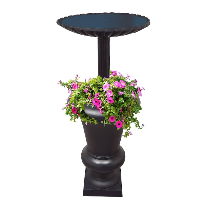 Ornate Round Cast Aluminum Metal 40-in Bird Bath and Planter Vase Combo - Black