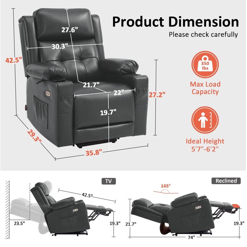 MCombo Lay Flat Dual Motor Power Lift Recliner Chair Sofa with Heat and Massage, Infinite Position, Faux Leather 7661