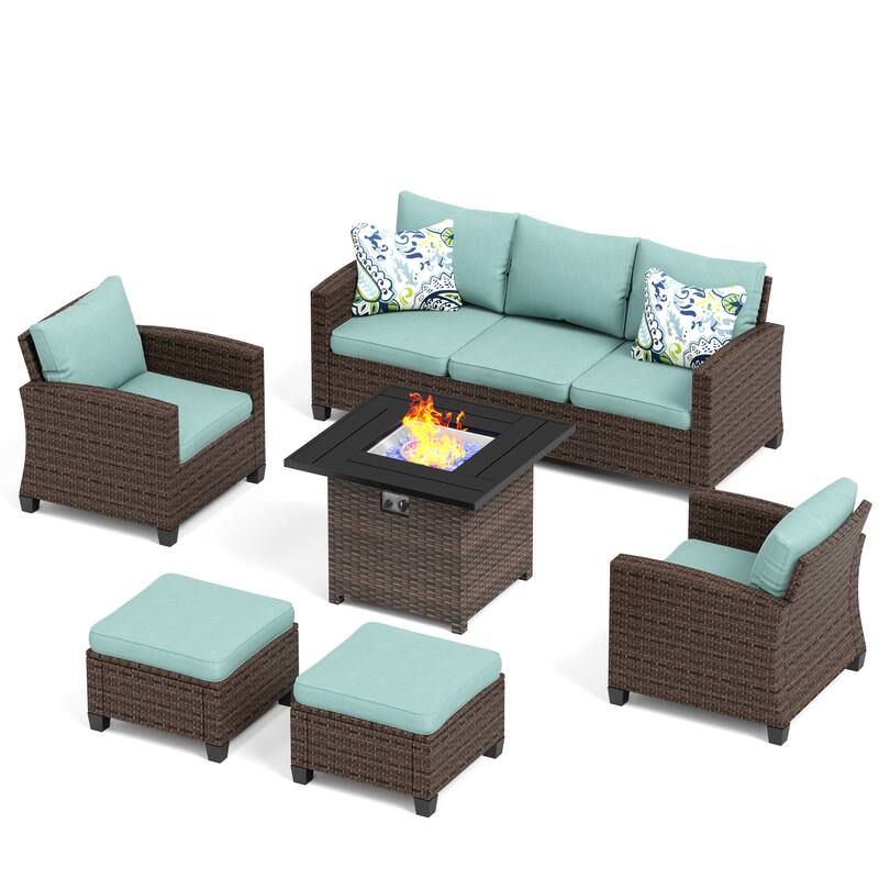 7/9-Seat Patio Furniture Wicker Rattan Outdoor High-back Sectional Sofa Conversation Set with Firepit Table