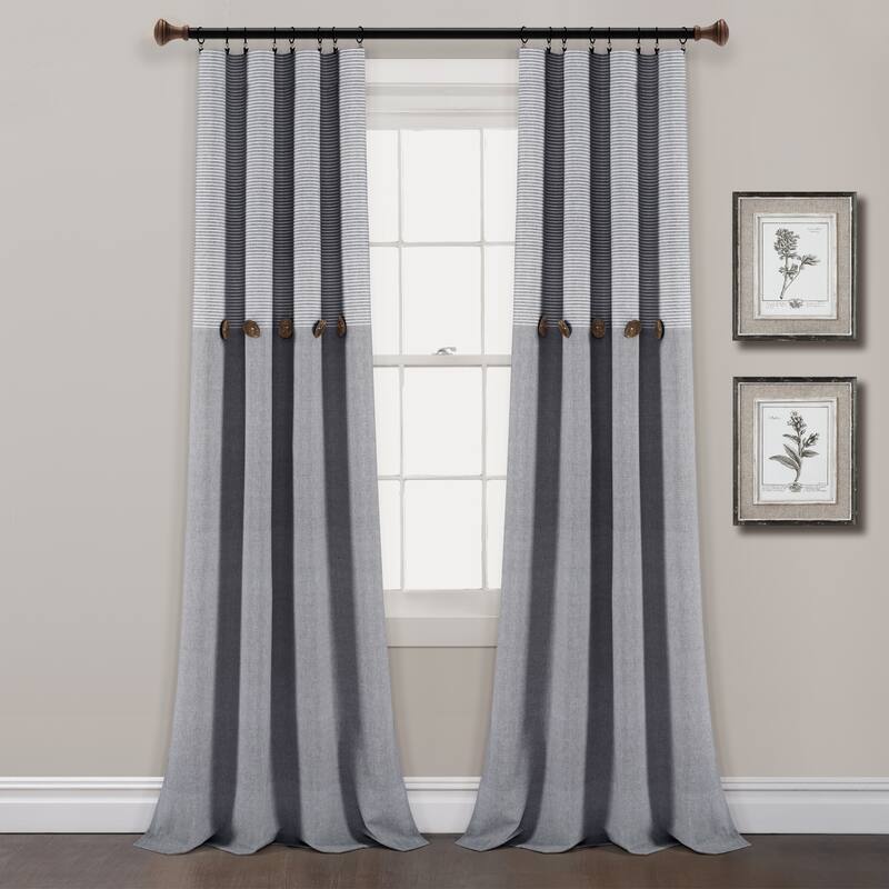Lush Decor Farmhouse Button Stripe Yarn Dyed Woven Cotton Window Curtain Panel Pair - 95 Inches - Gray