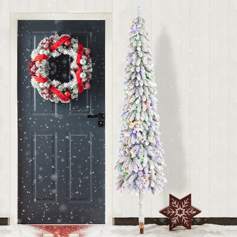 ﻿ Glitzhome 4.5/6/7.5 FT Pre-Lit Pencil Slim Artificial Christmas Tree with Snow Flocked Branches, Multicolored Lights and Base