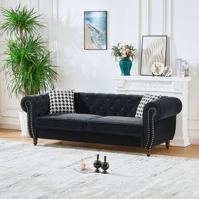 Chesterfield Upholstered 3 Seater Sofa, Velvet Fabric Sofa with Nailhead & Roll Armrest, Lounge Sofa with Solid Wood Frame‌ - Black