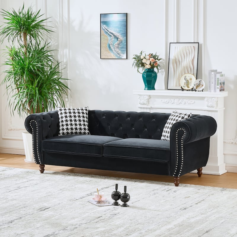 Roomfitters 87" Classic Chesterfield Upholstered Sofa with Scrolled Arms and Nailhead Trim, Button Back Living Room Couch