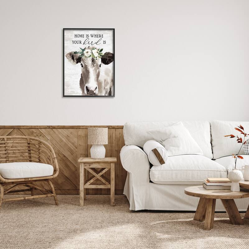 Stupell Home's Where Your Herd Is Boho Floral Cow Framed Wall Art