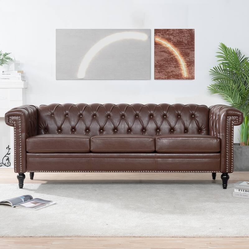 Traditional 3-Seat Sofa with Square Arms and Removable Cushion - Dark Brown